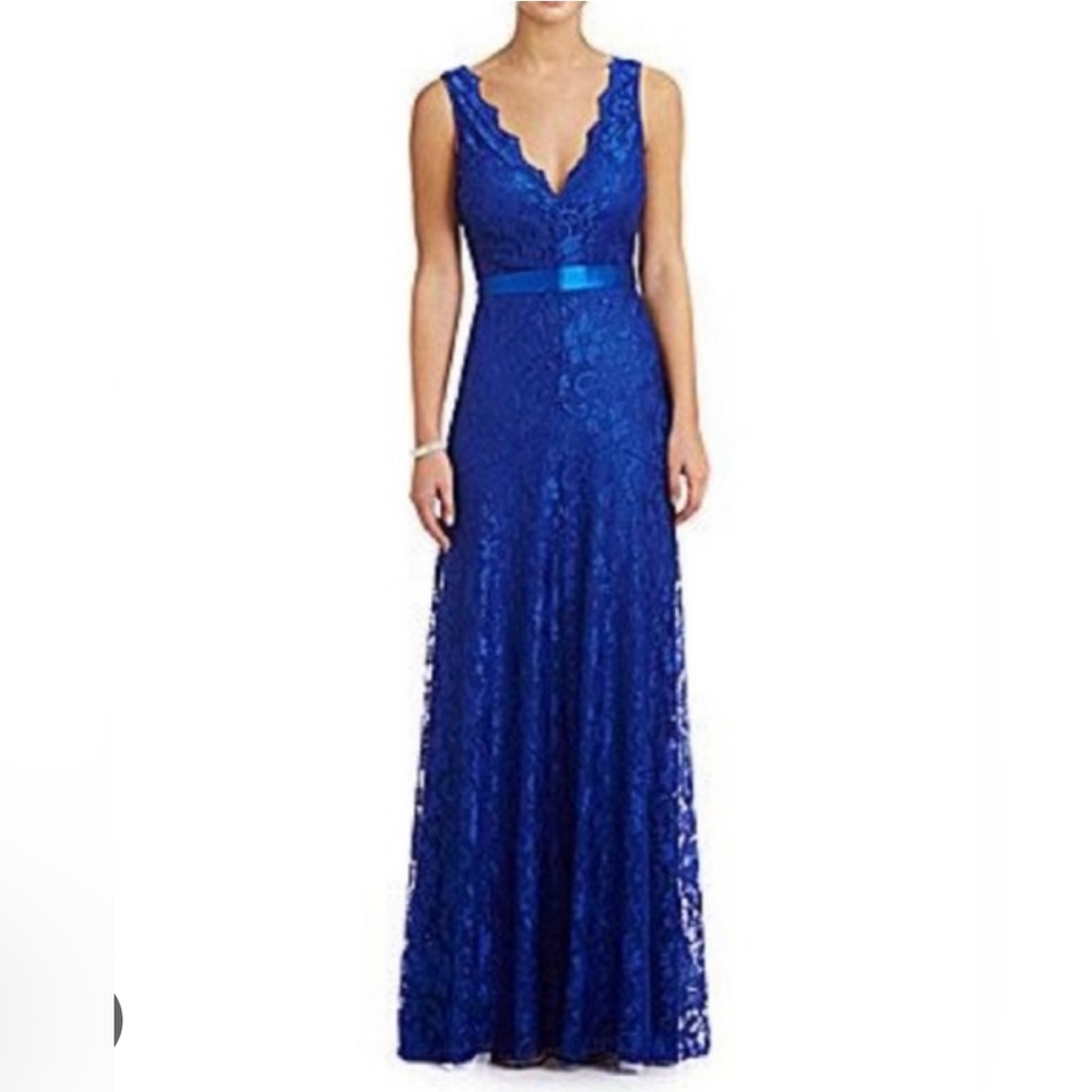 B Darlin Blue Sleeveless V-Neck Floral Lace Gown with Sash